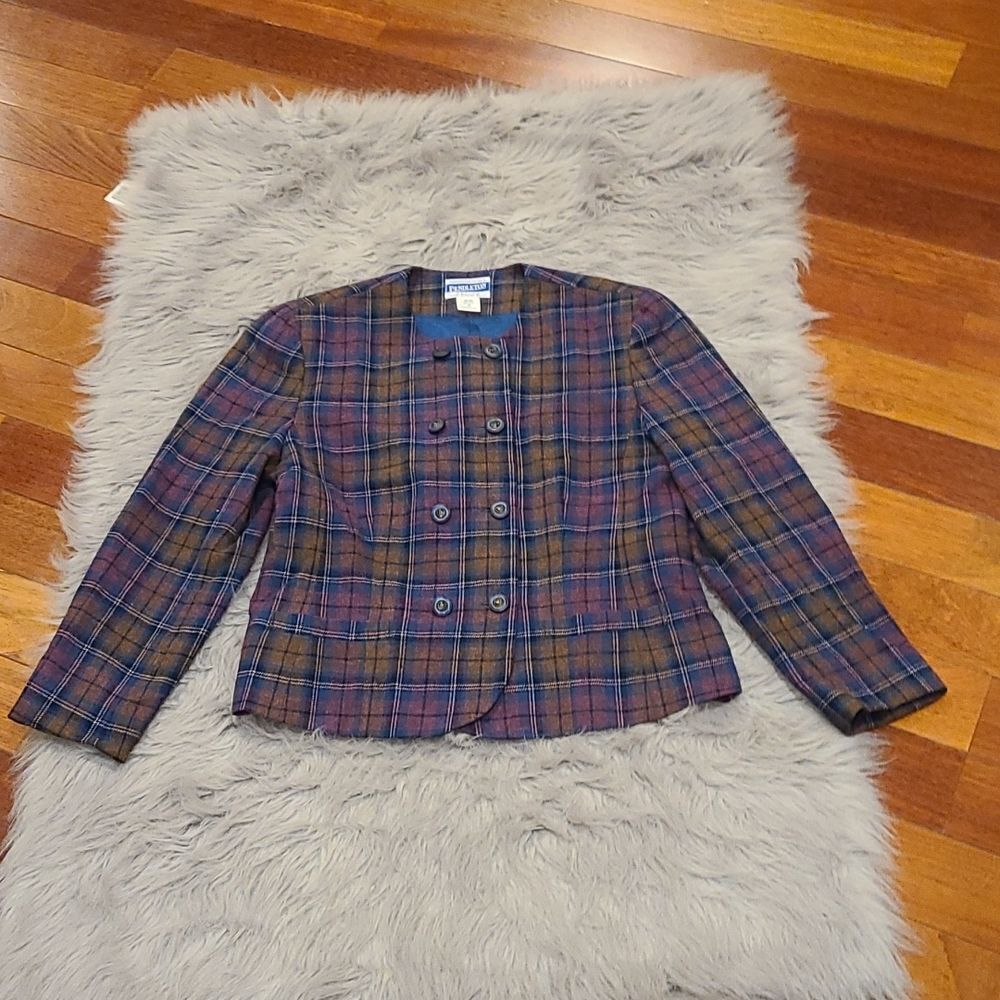 Pendleton vintage womens teal, pink and brown wool button up coat size 12 petite